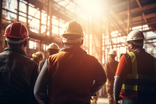 A group of construction workers at a construction site Team collaboration Onsite discussion