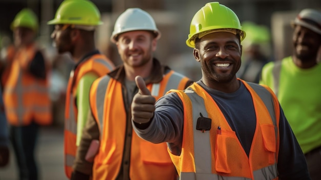 A group of construction workers giving a thumbs up sign