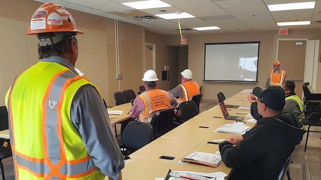 A group of construction workers in hard hats and safety vests are sitting in a conference room watching a presentation on a projector screen