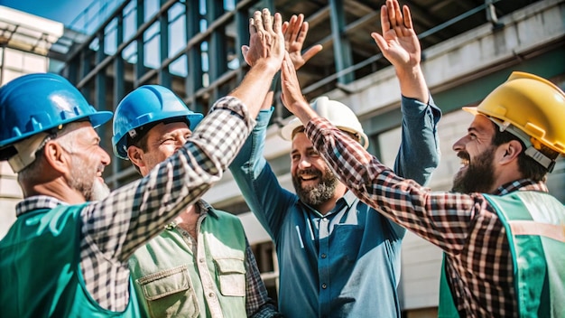 Photo group of construction workers highfiving each other in celebration onsite