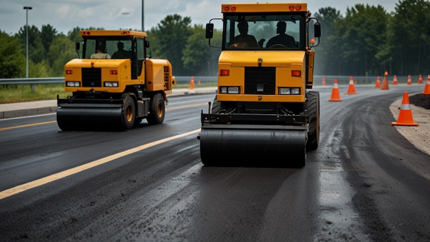 Photo a group of construction workers operating an asphalt paver spreading fresh asphalt on a highway