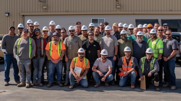 A group of construction workers pose for a photo in front of a building.