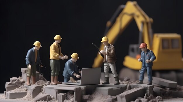 A group of construction workers stand around a computer with a backhoe in the background.