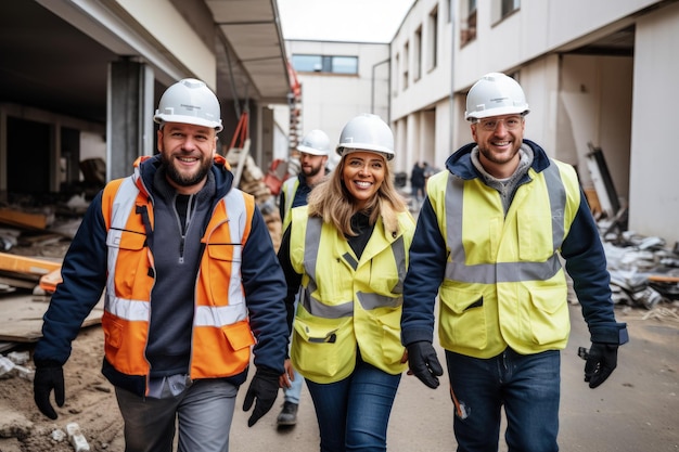 A group of construction workers walking down a street