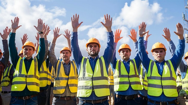 a group of construction workers with their hands up in the air