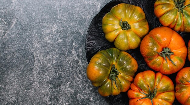 A group of Costoluto big tomatoes on a grey background space for text