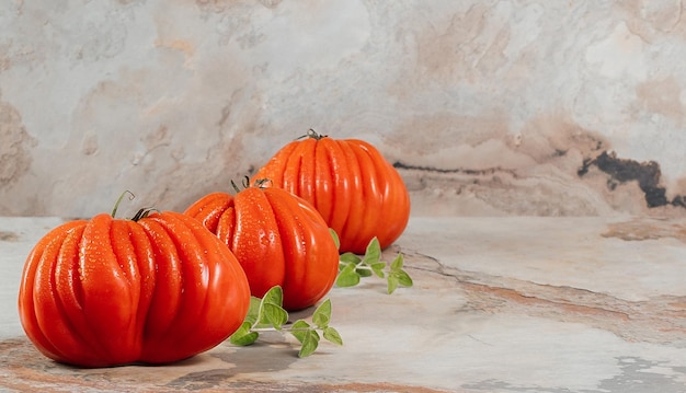 A group of Costoluto big tomatoes with oregano on a brown background space for text