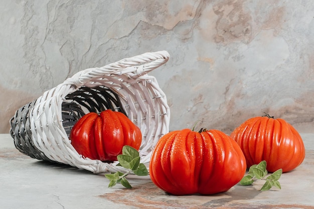 A group of Costoluto big tomatoes with oregano on a brown background space for text