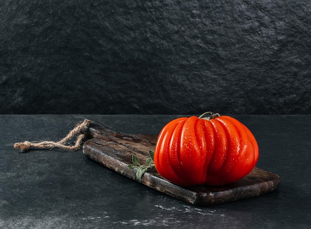 A group of Costoluto big tomatoes with oregano on a grey background space for text