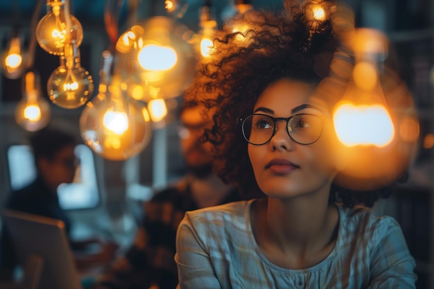 A group of coworkers brainstorming ideas together during a virtual meetingWoman in eyewear admiring