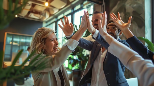 Photo a group of coworkers giving each other high fives