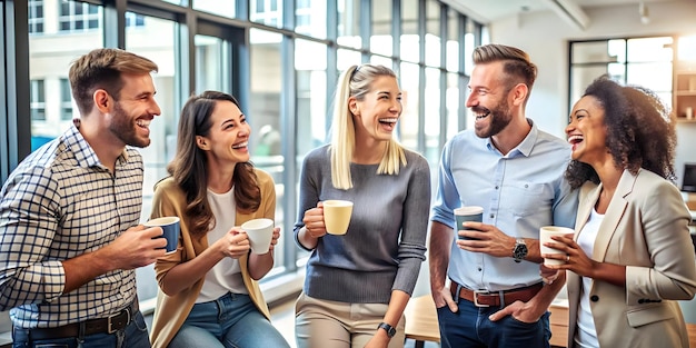 Group of coworkers having a casual coffee break in the office concept as A candid moment capturing a