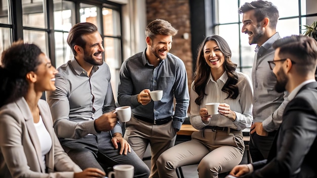 Group of coworkers having a casual coffee break in the office concept as A candid moment capturing a