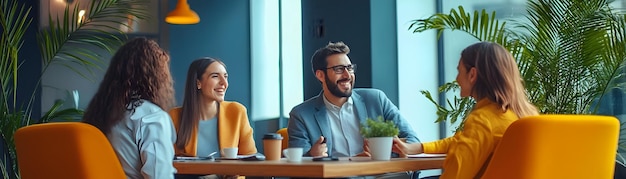 Photo group of coworkers having a casual coffee break in the office concept as a candid moment capturing a