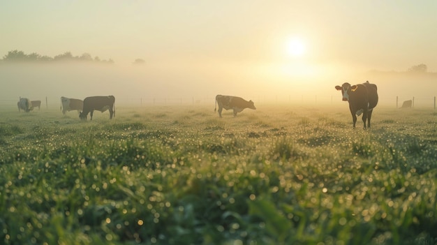 A group of cows are grazing in a field with a foggy sky in the background