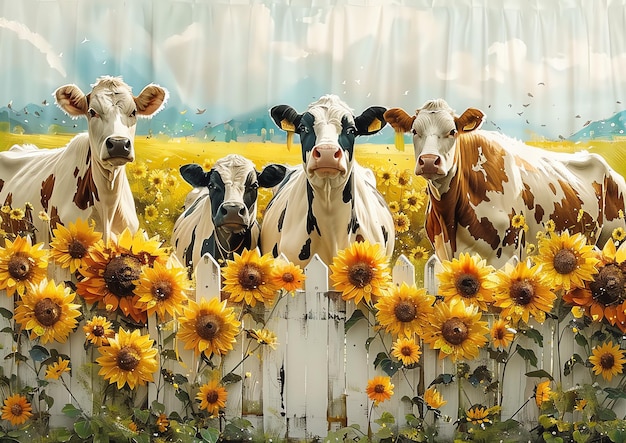 a group of cows are standing in a field of sunflowers