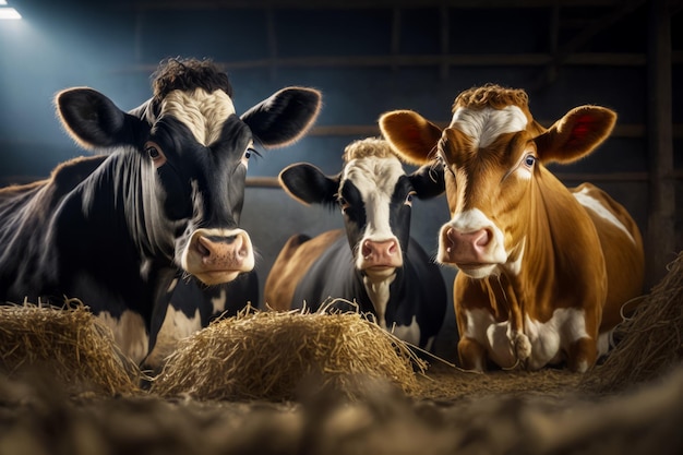 Group of cows standing next to each other on pile of hay Generative AI