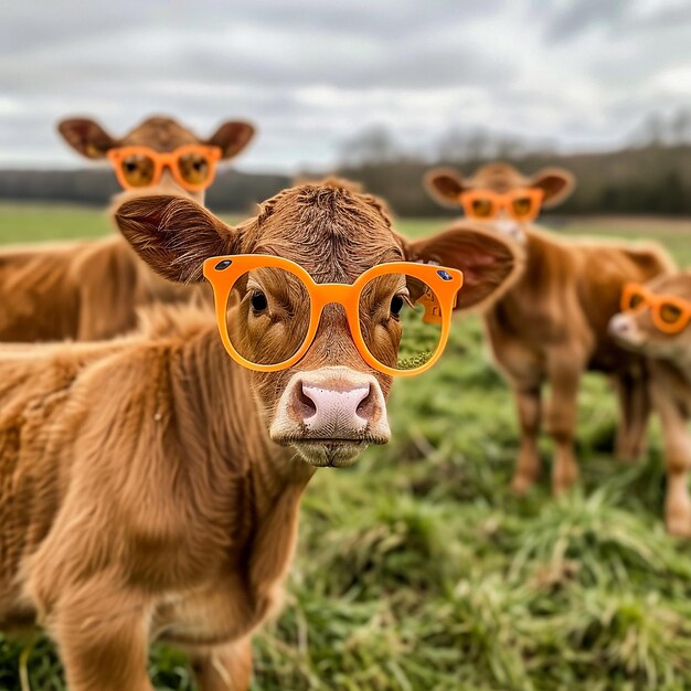 Photo a group of cows with orange glasses that say quot cows quot