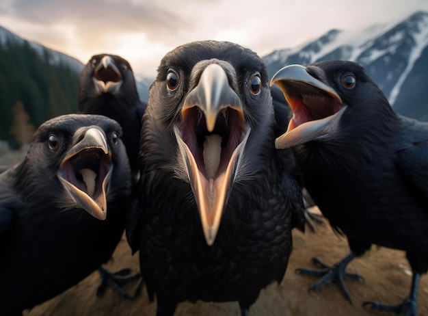 A group of crows looking at the camera