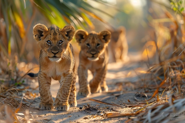 Photo a group of cubs walking in the forest with their cub