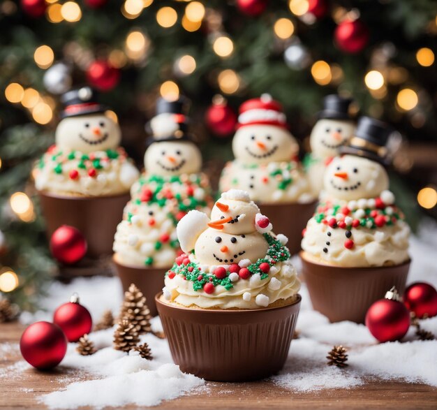 a group of cupcakes with snowmen on them are decorated with christmas decorations