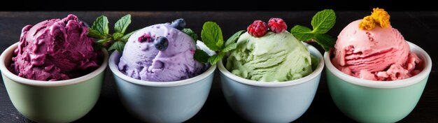 a group of cups with ice cream and fruit in them