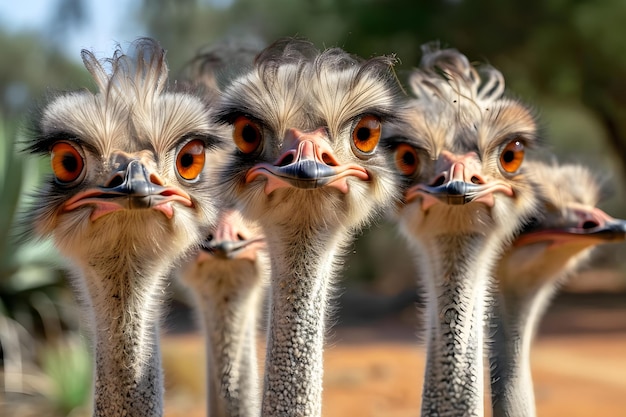 A group of curious ostriches with fluffy feathers and big expressive eyes