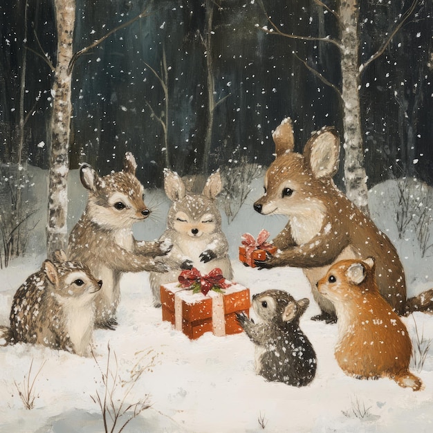 Photo a group of cute animals joyfully sharing gifts in a snowy forest setting