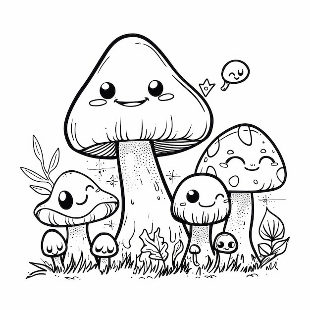 Photo group of cute cartoon mushrooms with smiling faces coloring book line art design vector illustration