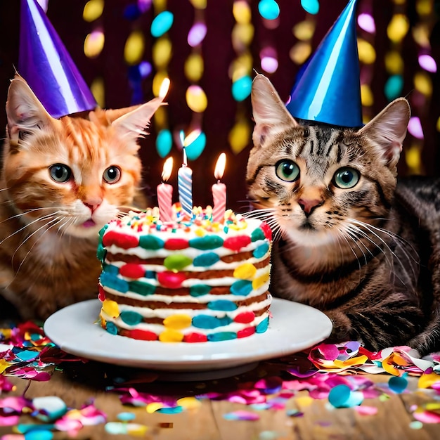 Group of cute cats celebrating a birthday colorfulAi generative