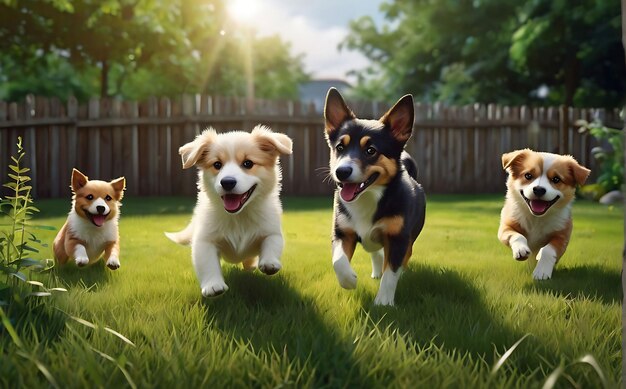 A group of cute child Dog playing in the backyard on the grass