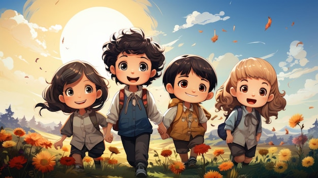 A group of cute children playing together on Children's Daycartoon style