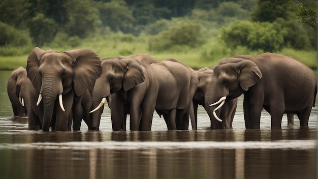 A group of cute elephants in beautiful lake in jungle