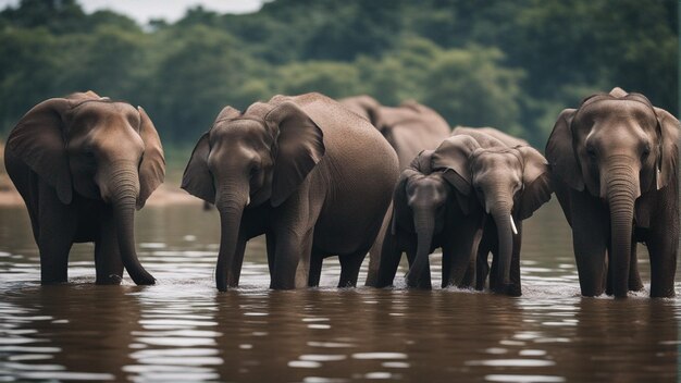 A group of cute elephants in beautiful lake in jungle