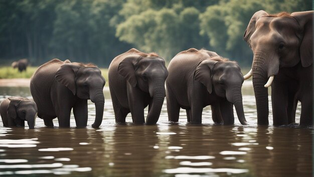 A group of cute elephants in beautiful lake in jungle