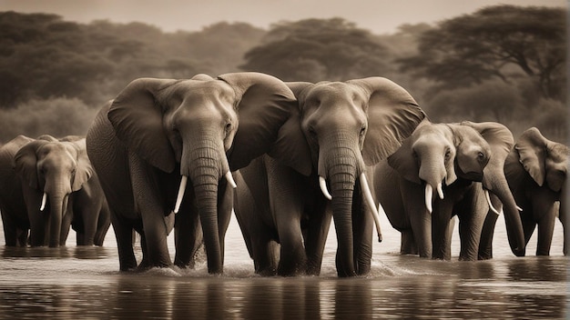 A group of cute elephants in beautiful lake in jungle