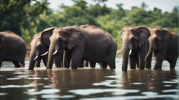 A group of cute elephants in beautiful lake in jungle