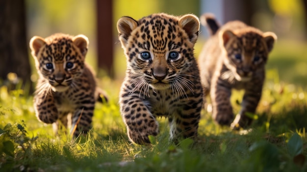 A group of cute leopards playing on the green grass in the park