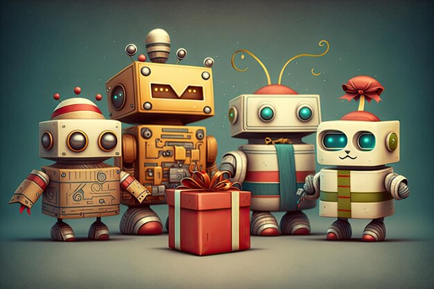 Group of cute robots each with a different gift box surrounded by festive holiday decorations