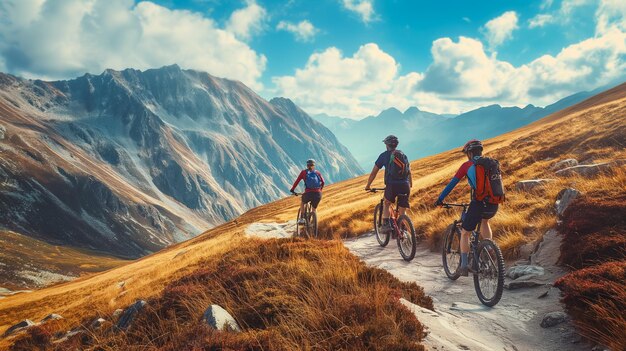 Photo group of cyclist friends hiking through the mountains in a beautiful landscape generative ai