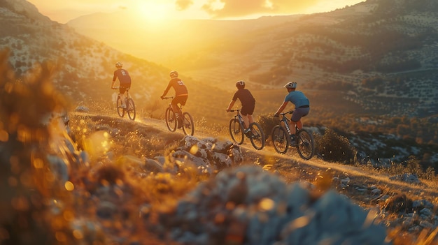 Group of Cyclists Enjoying an Evening Ride on Mountain Trails at Sunset Capturing the Scenic Beauty