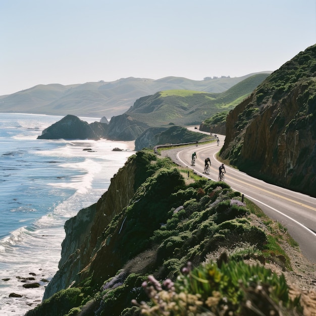 Group of cyclists navigating a winding coastal road with ocean backdrop