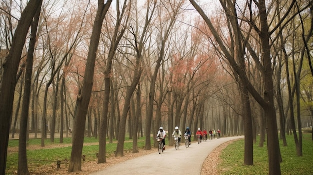 A group of cyclists ride through a park.