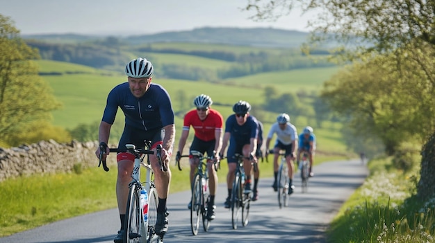 Photo a group of cyclists riding along a scenic route through rolling hills with helmets and athletic gea