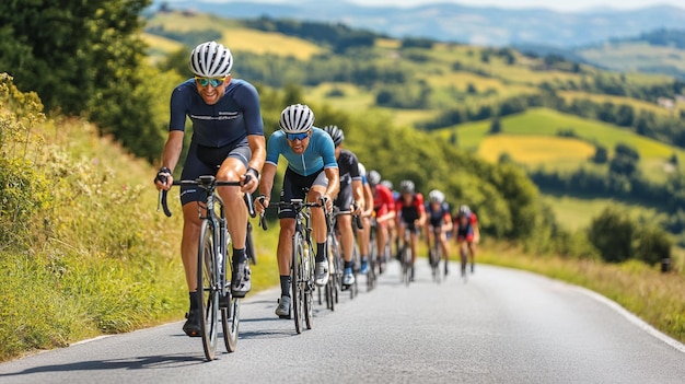 A group of cyclists riding along a scenic route through rolling hills with helmets and athletic gea