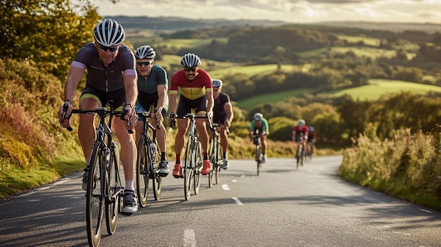 A group of cyclists riding along a scenic route through rolling hills with helmets and athletic gea