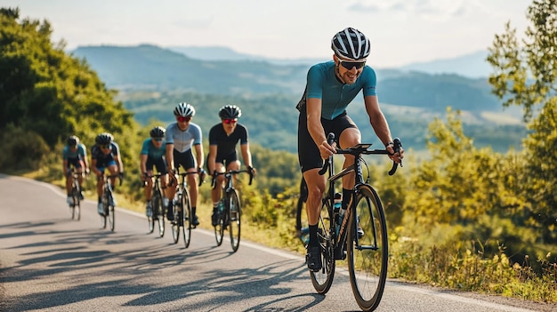 Photo a group of cyclists riding along a scenic route through rolling hills with helmets and athletic gea