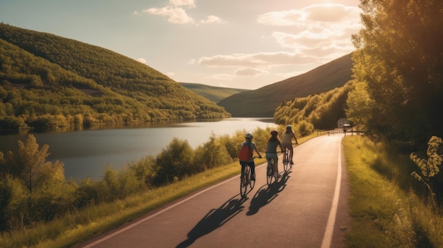 A group of cyclists riding down a scenic road with beautiful views Generative AI