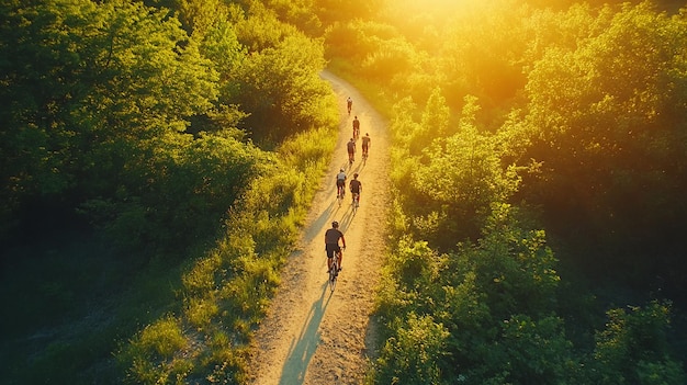 Group of cyclists riding on a sunny trail in nature perfect for outdoor activity sports and trave