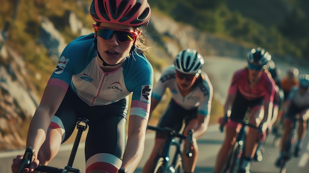 a group of cyclists with professional racing sports equipment riding on an outdoor cycling route